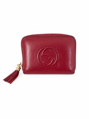 Gucci Soho Red Leather Zip Around Wallet Tassel GG Logo Compact